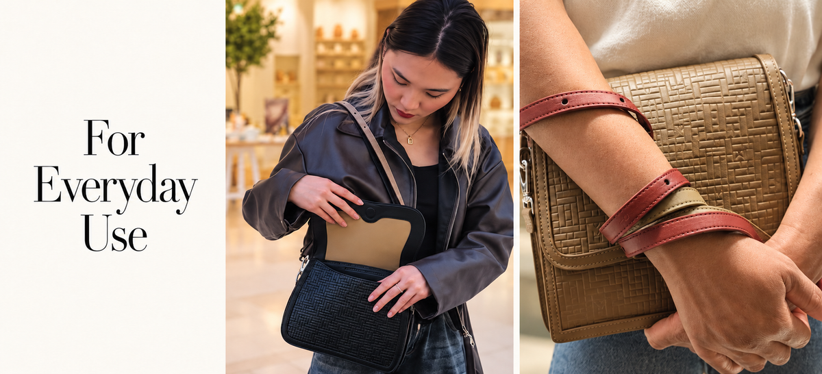 Louise Meddar TALAWA bags in Onyx and Taupe, showing the open interior and embossed leather, beside the words “For Everyday Use”.