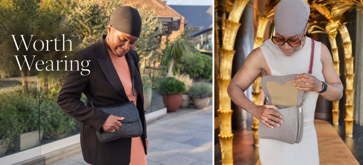 Louise Meddar TALAWA bags in Onyx and Taupe styled with two outfits, with the words “Worth Wearing”.